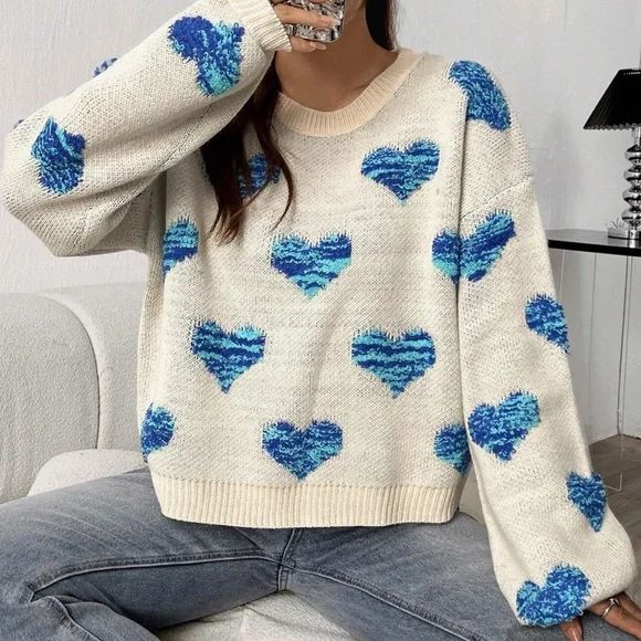 06 Cozy Hearts Print Oversized Knit Sweater Top - Picture 10 of 14